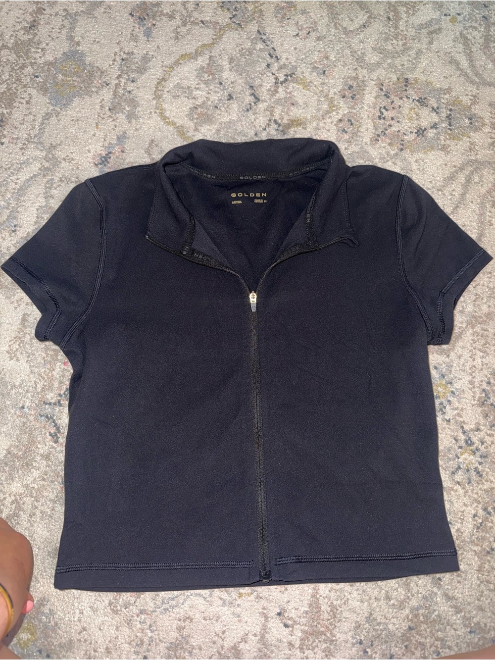 Aritzia GOLDEN black zip up top short sleeve